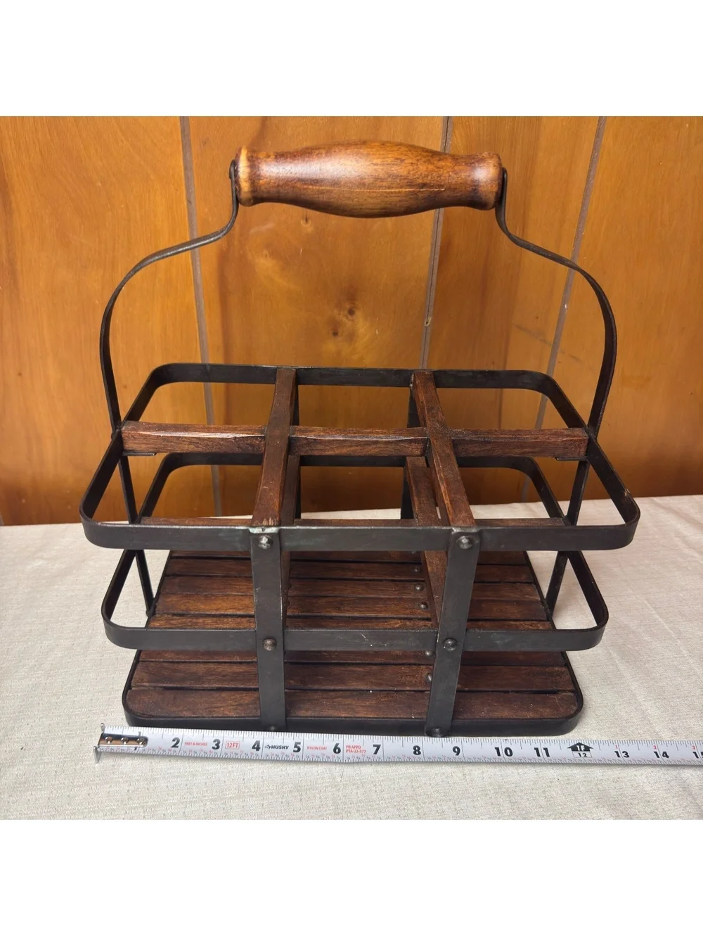 Wood Metal Bottle Caddy Wine Beer Carrier 6 Compartment Farmhouse Rustic Decor